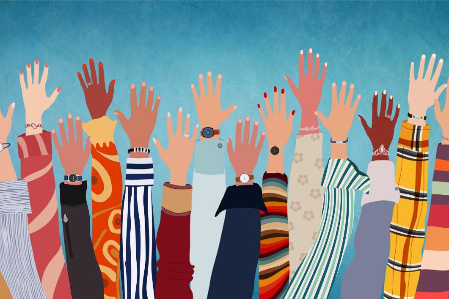 A diverse group of hands in the air in the style of a drawing