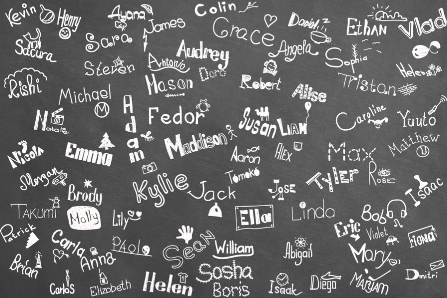 Various names on a chalkboard in different fonts