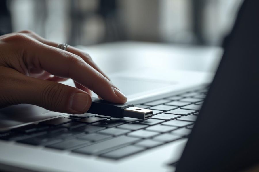 A user with their finger on a hardware key