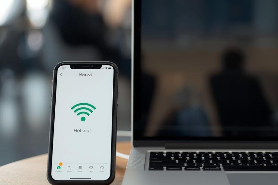 Smartphone hotspot enabled next to a laptop in a public setting.